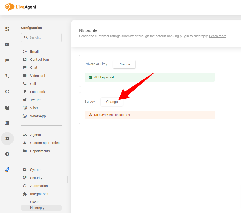 اختر استبيان Nicereply الذي تريده بعد لصق مفتاح API في LiveAgent