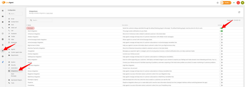 عملية تفعيل التكامل مع Nicereply في إعدادات LiveAgent