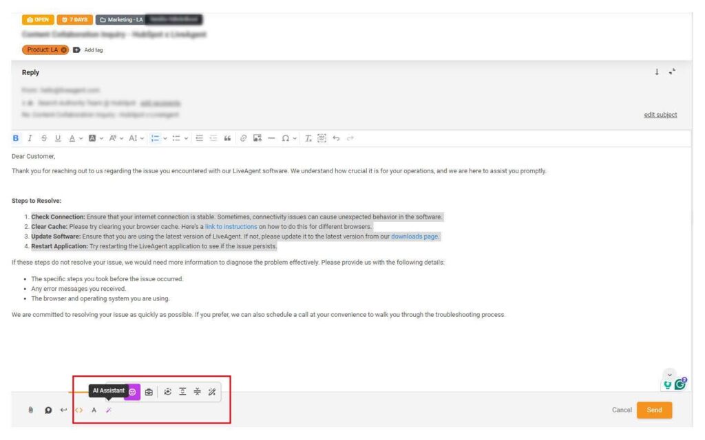 مساعد الإجابة الذكي من LiveAgent