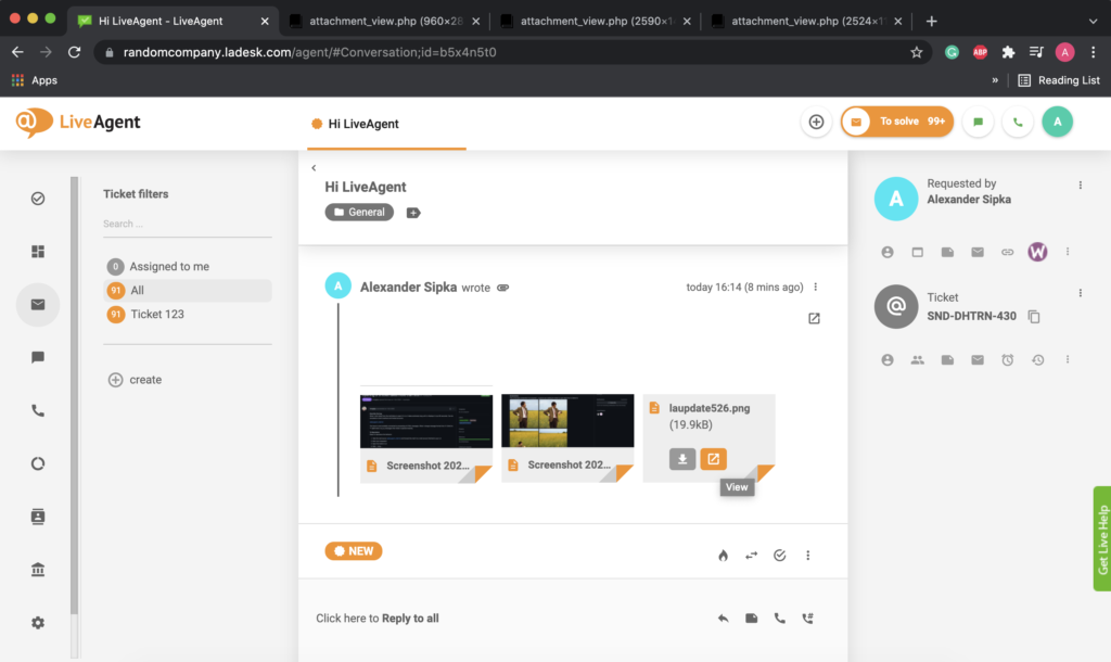المرفقات في متصفح الويب مفتوحة في علامات تبويب متعددة