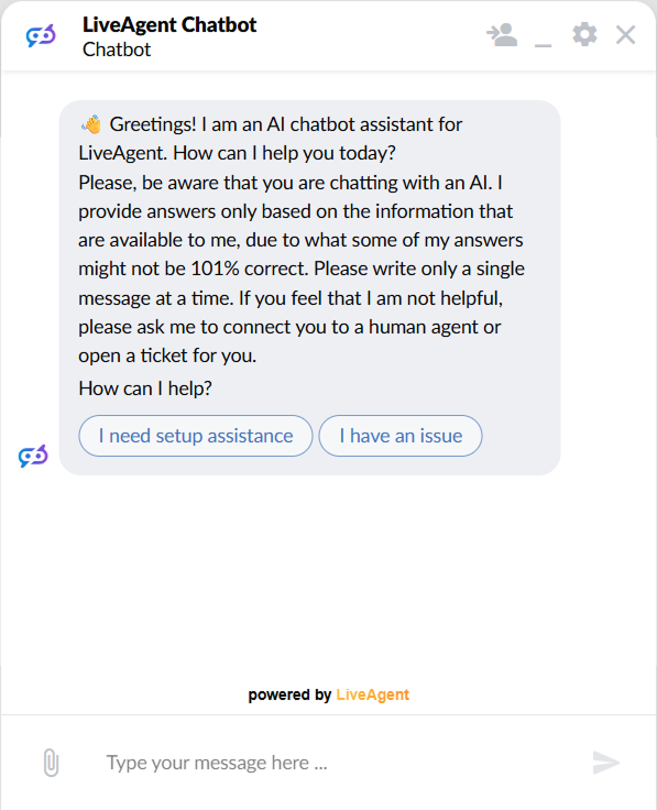 نافذة دردشة LiveAgent تعرض تحية شات بوت بالذكاء الاصطناعي مع زرين للإجابة قابلين للنقر للإعدادات والإبلاغ عن مشكلة