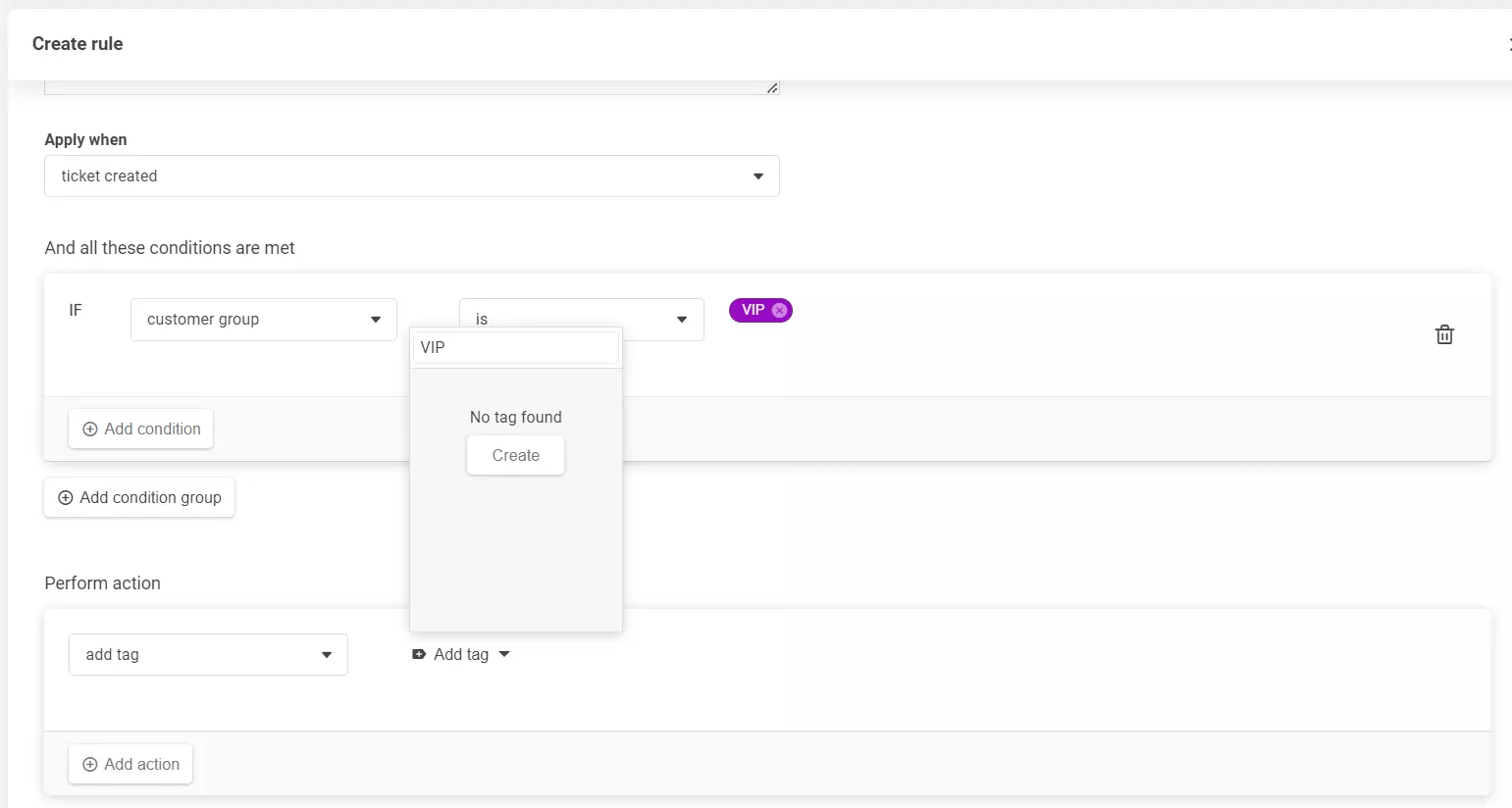 لقطة شاشة من قسم إنشاء القاعدة، توضح كيفية إضافة علامة جديدة.