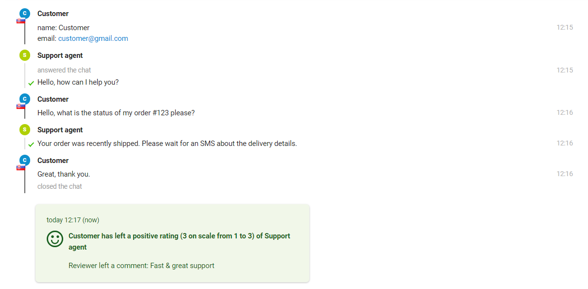 الصورة توضح التفاعل بين العميل وموظف الدعم، حيث يمكن للموظف رؤية التقييم في نهاية الرسالة