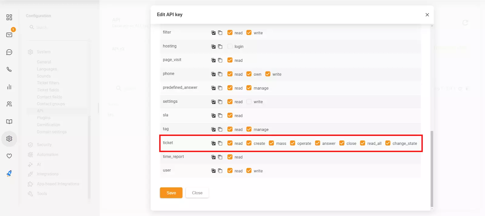 قسم تحرير مفتاح API في LiveAgent يعرض الأذونات الجديدة 'close' و'change_state'