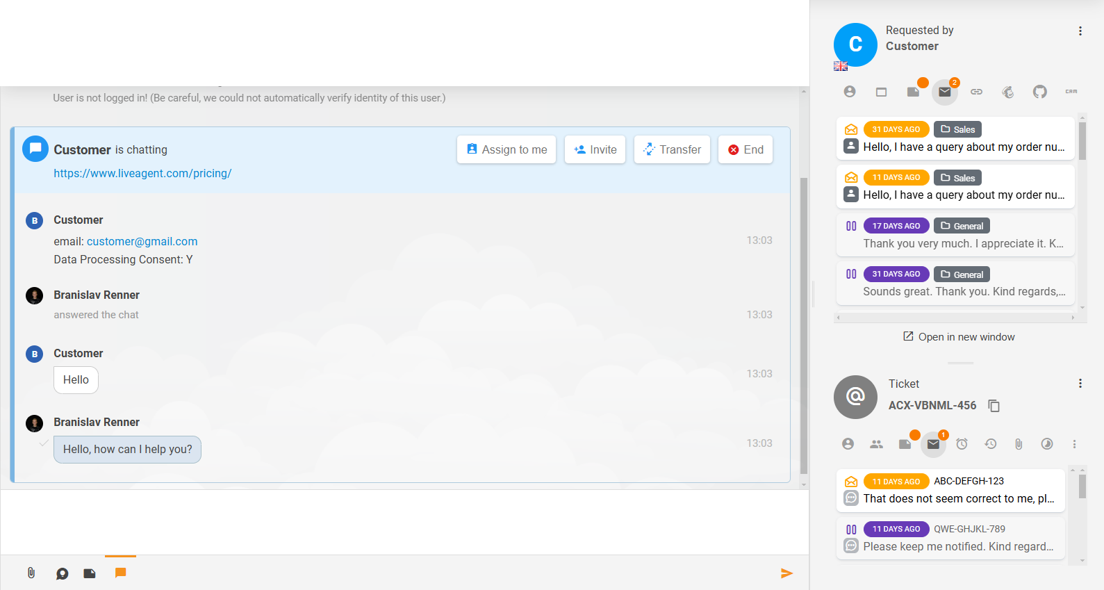 محتوى التذكرة المحسّن والأقسام ذات الصلة في LiveAgent
