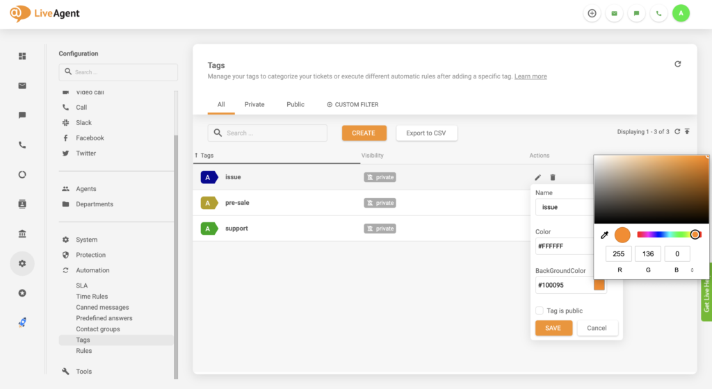 تحديث إعداد تغيير لون الوسم في LiveAgent