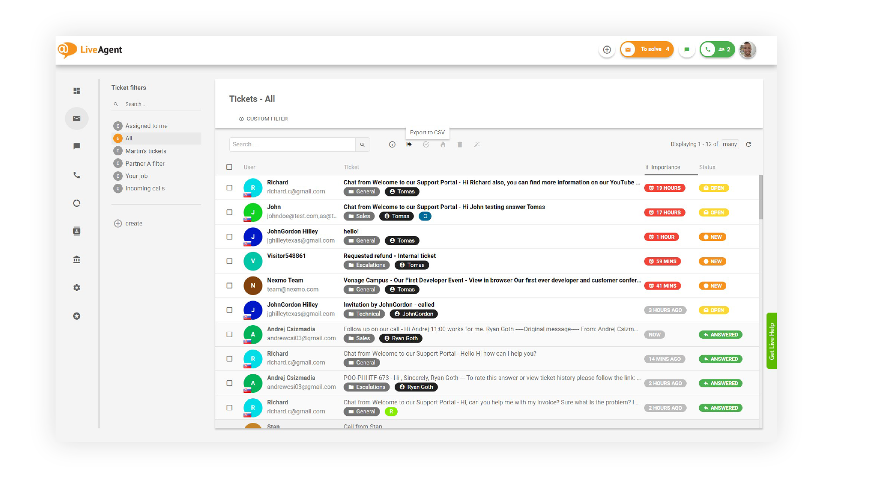 صندوق الوارد الشامل من LiveAgent مع تذاكر البريد الإلكتروني والدردشة والمكالمات في قائمة انتظار واحدة
