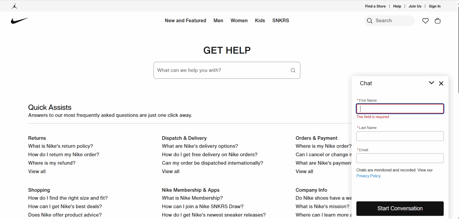 روبوت الدردشة بالذكاء الاصطناعي على موقع ويب Nike