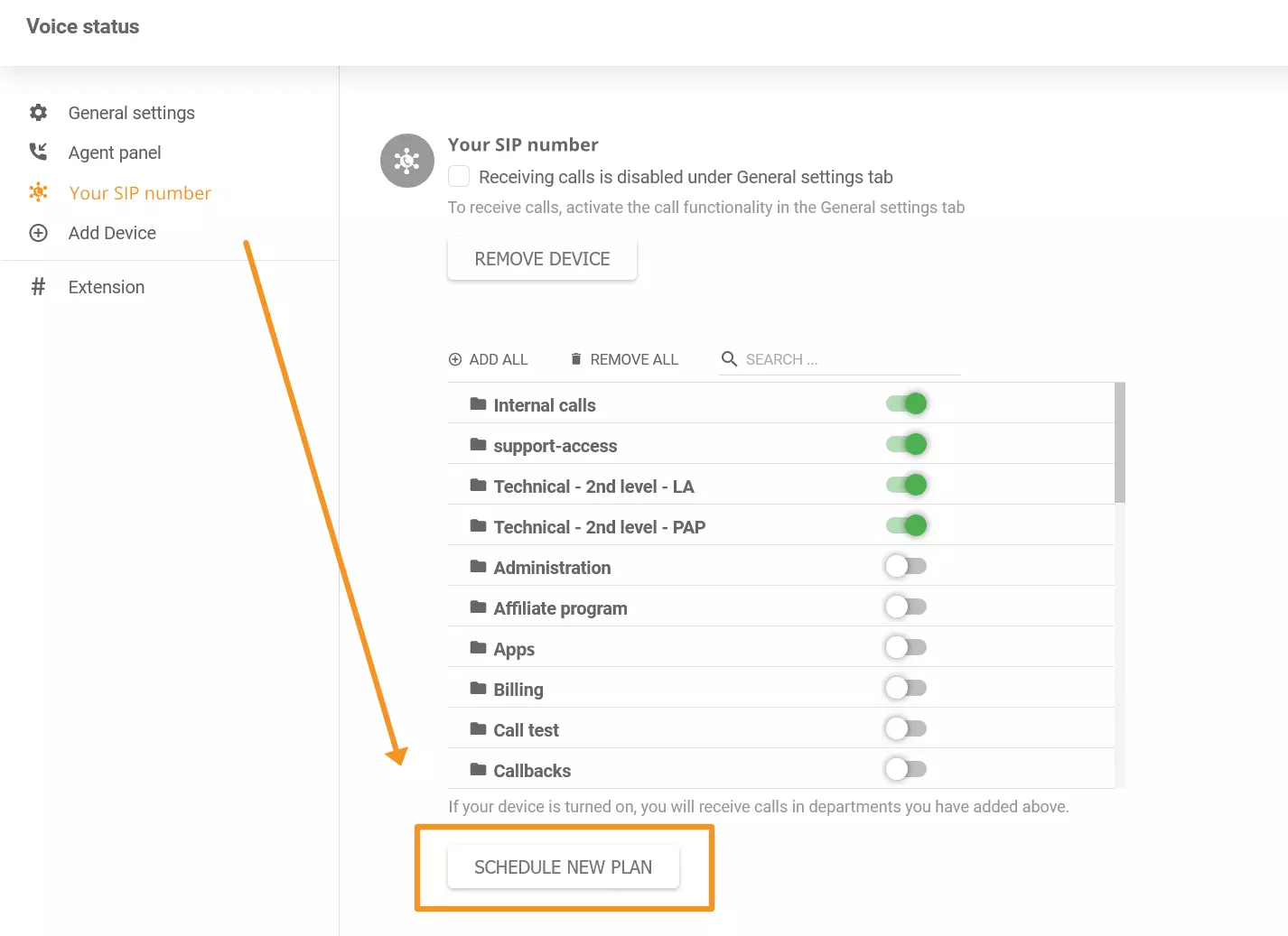 صورة توضح مكان العثور على ميزة جدولة الهاتف الجديدة في LiveAgent
