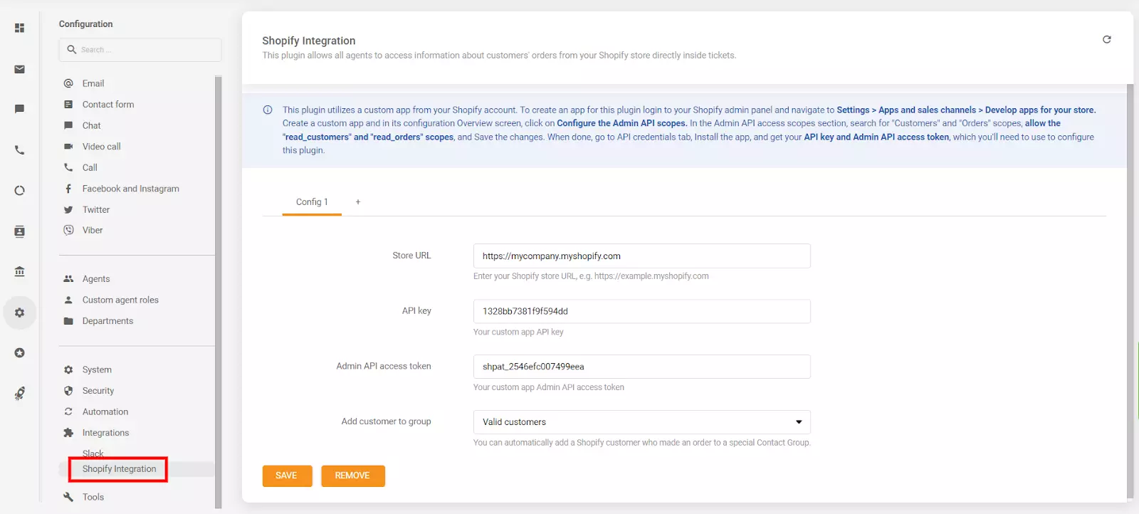 وضع مفتاح API ورمز الوصول إلى API في قسم تكوين LiveAgent