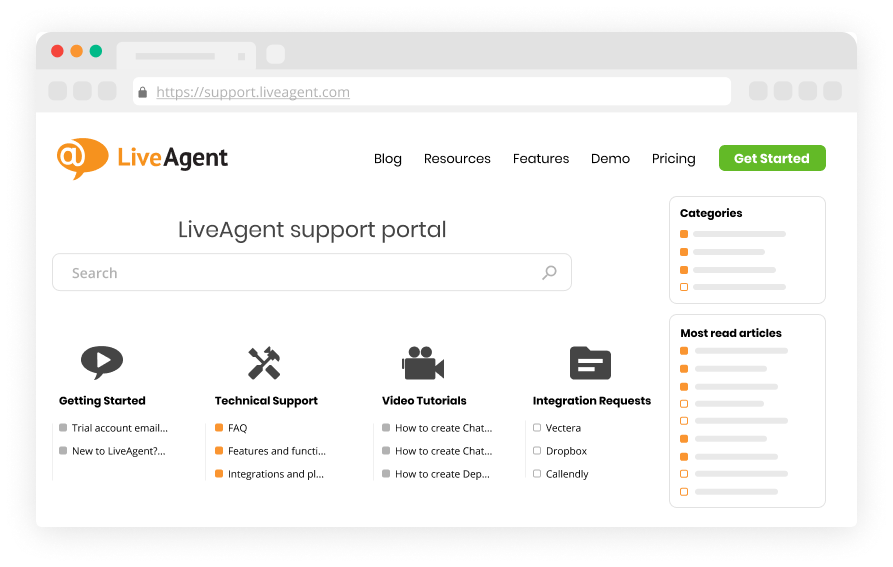 قاعدة معرفة LiveAgent وبوابة الدعم تحتوي على الأسئلة الشائعة وأدلة المنتجات والبرامج التعليمية بالفيديو والأدلة خطوة بخطوة.