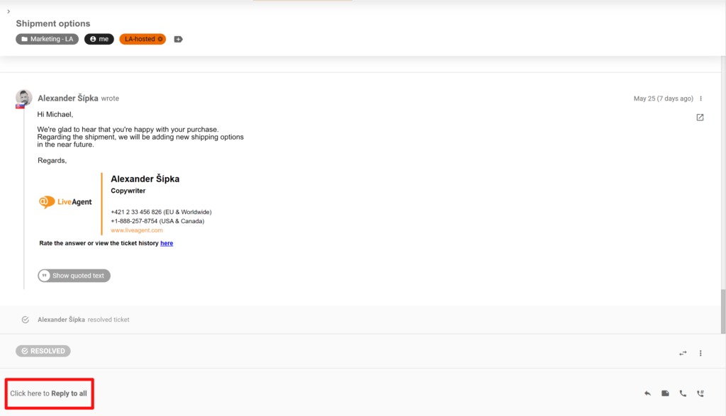 صورة توضح تغيير موقع زر الرد والرد على الجميع في نظام LiveAgent