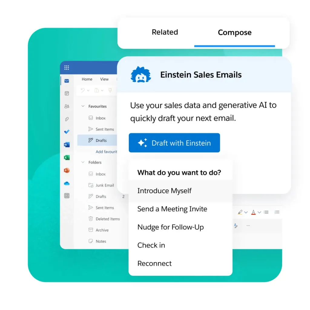 واجهة Salesforce Einstein Sales Emails تعرض خيارات كتابة البريد الإلكتروني بالذكاء الاصطناعي.