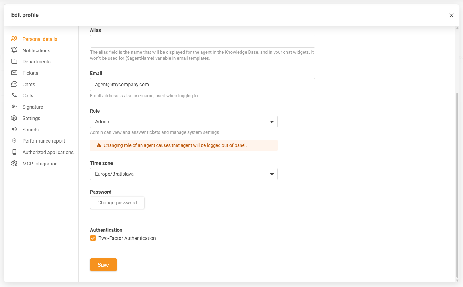 إعدادات المنطقة الزمنية لملف الوكيل من LiveAgent