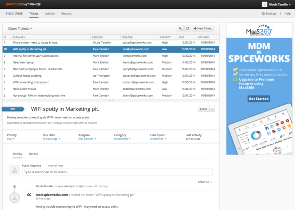 قائمة تذاكر Spiceworks Cloud Help Desk مع تقديمات بوابة المستخدم