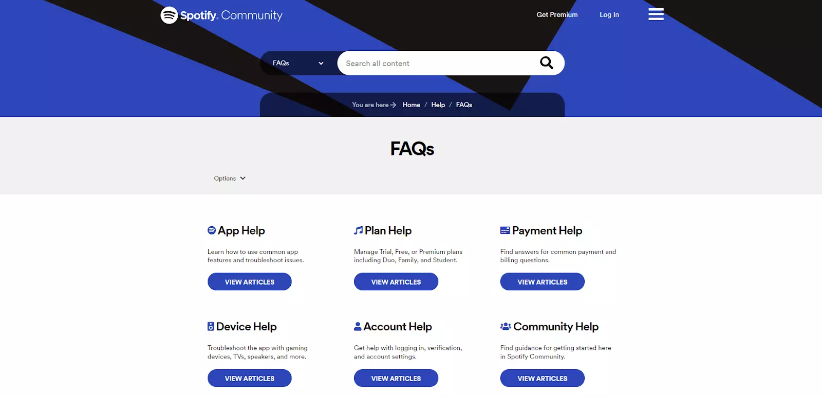 صفحة الأسئلة الشائعة في Spotify