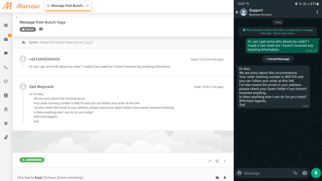 رسالة WhatsApp معروضة كتذكرة في LiveAgent