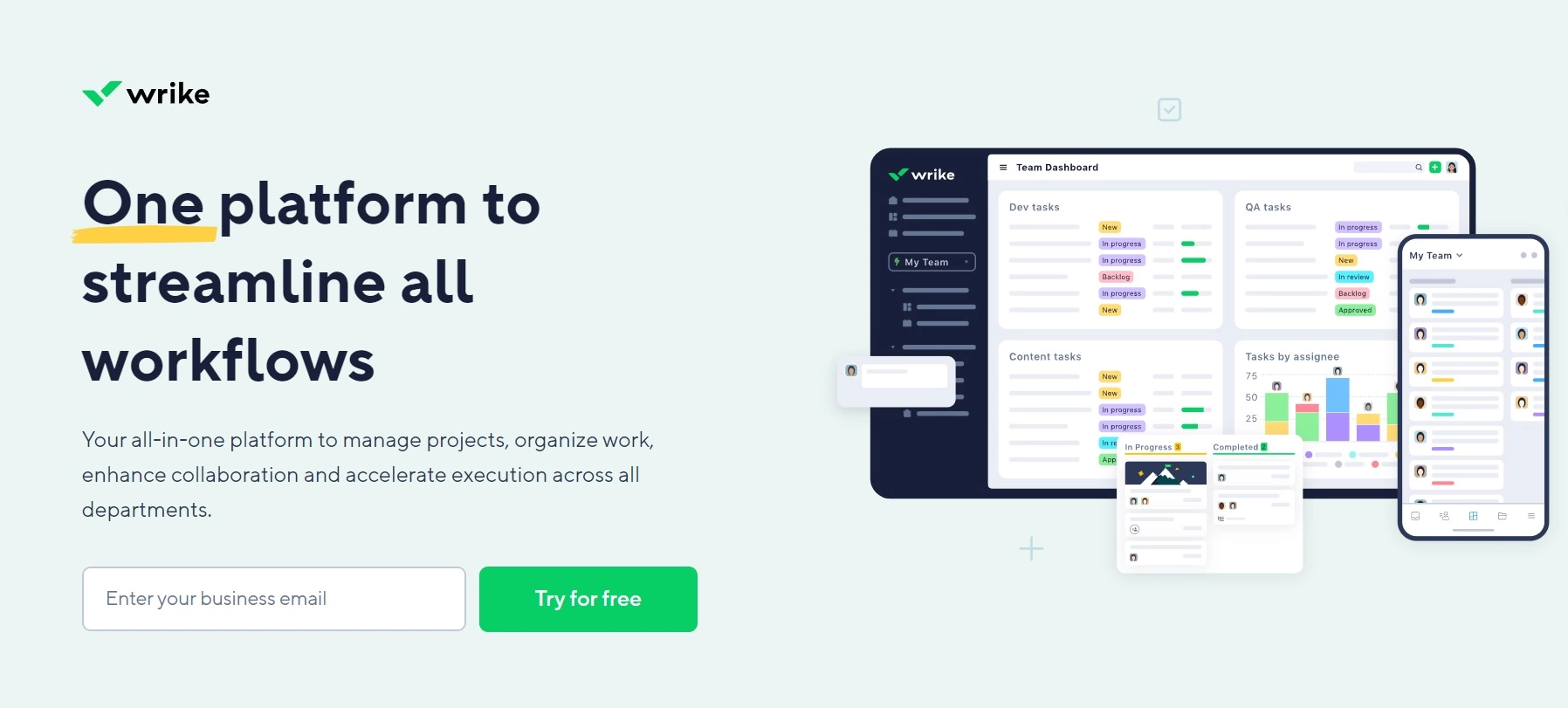 صفحة Wrike الرئيسية - منصة شاملة لإدارة المشاريع وتنظيم العمل وتحسين التعاون عبر الأقسام.