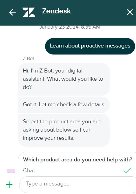 الصورة توضح كيف تبدو محادثة الدردشة الحية من Zendesk