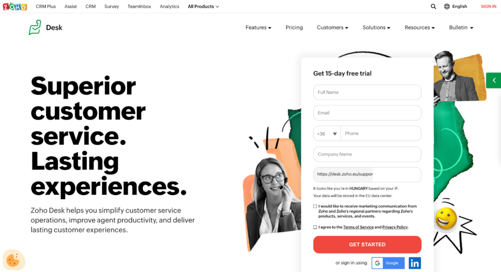 صفحة نظام Zoho Desk الرئيسية