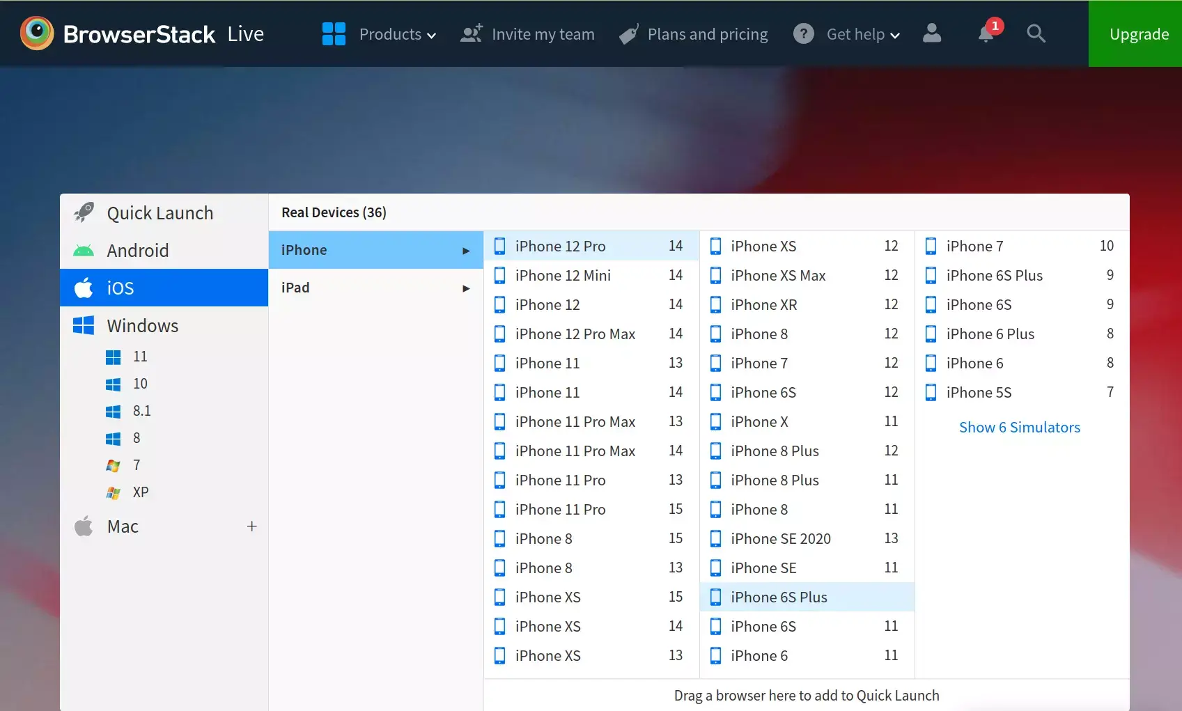 يحاكي BrowserStack العديد من الأنظمة الأساسية للأجهزة المحمولة وإصدارات أنظمة التشغيل
