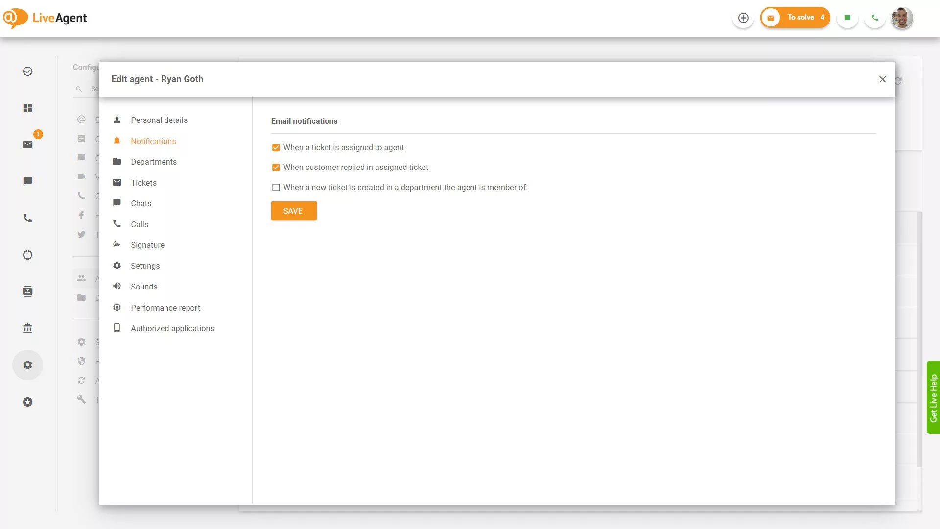 إعدادات إشعارات البريد الإلكتروني - LiveAgent
