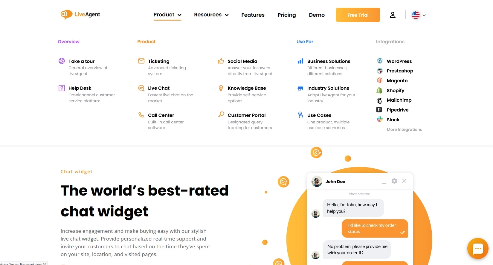 خيارات ومعلومات منتج LiveAgent
