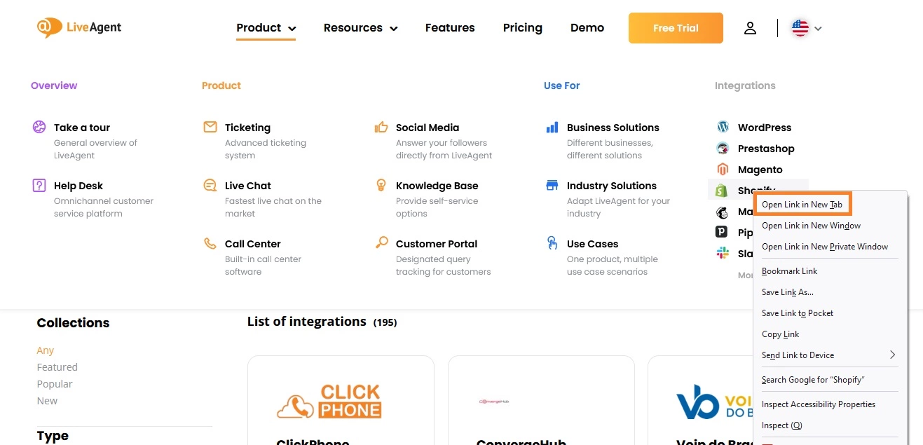 مثال فتح تبويب جديد في LiveAgent