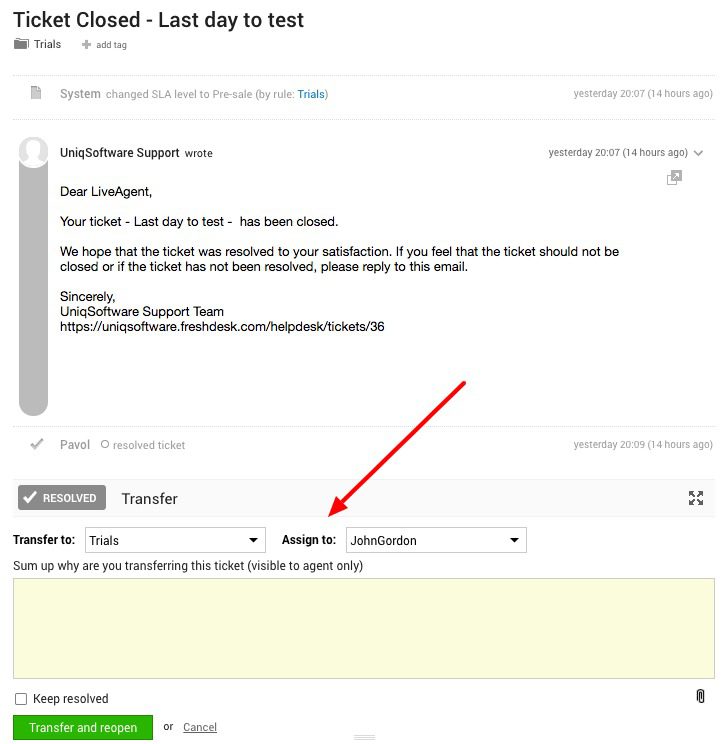 LiveAgent's assign ticket function