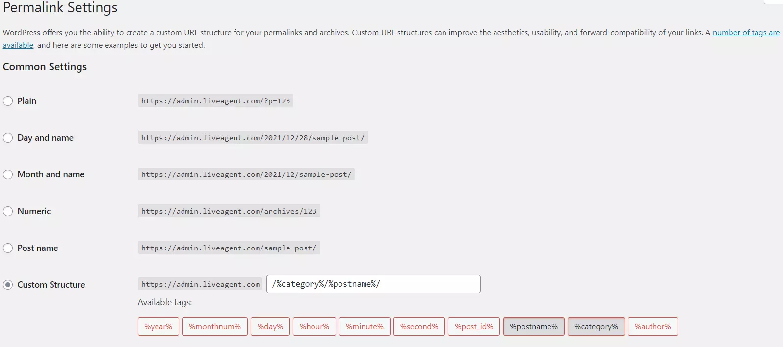 مثال على إعدادات الرابط الدائم