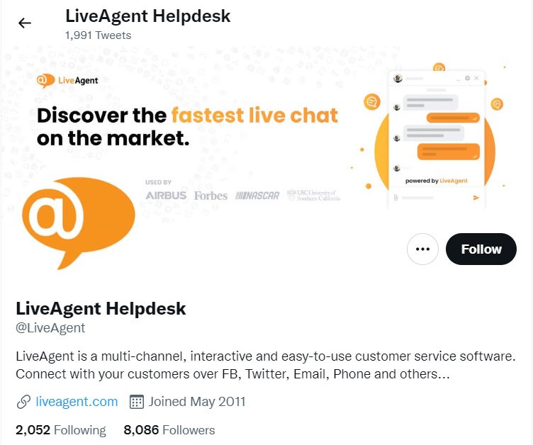 صفحة Twitter الرئيسية لـ LiveAgent