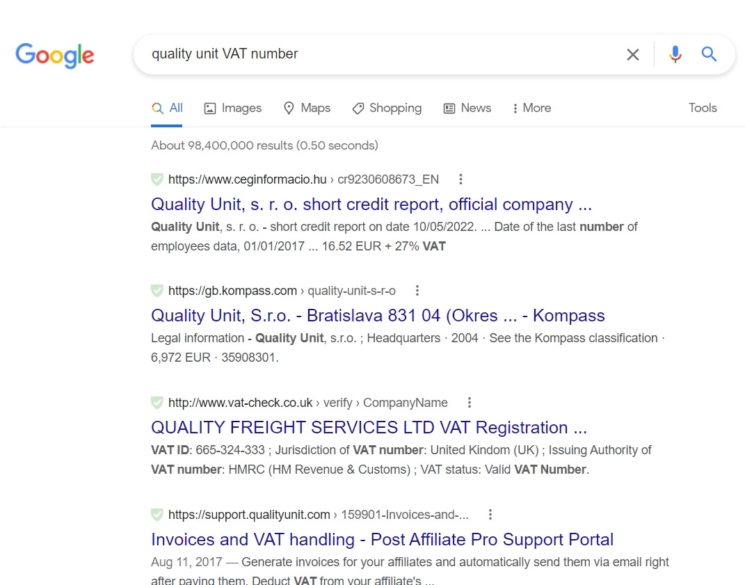بحث رقم ضريبة القيمة المضافة لـ Quality Unit على Google