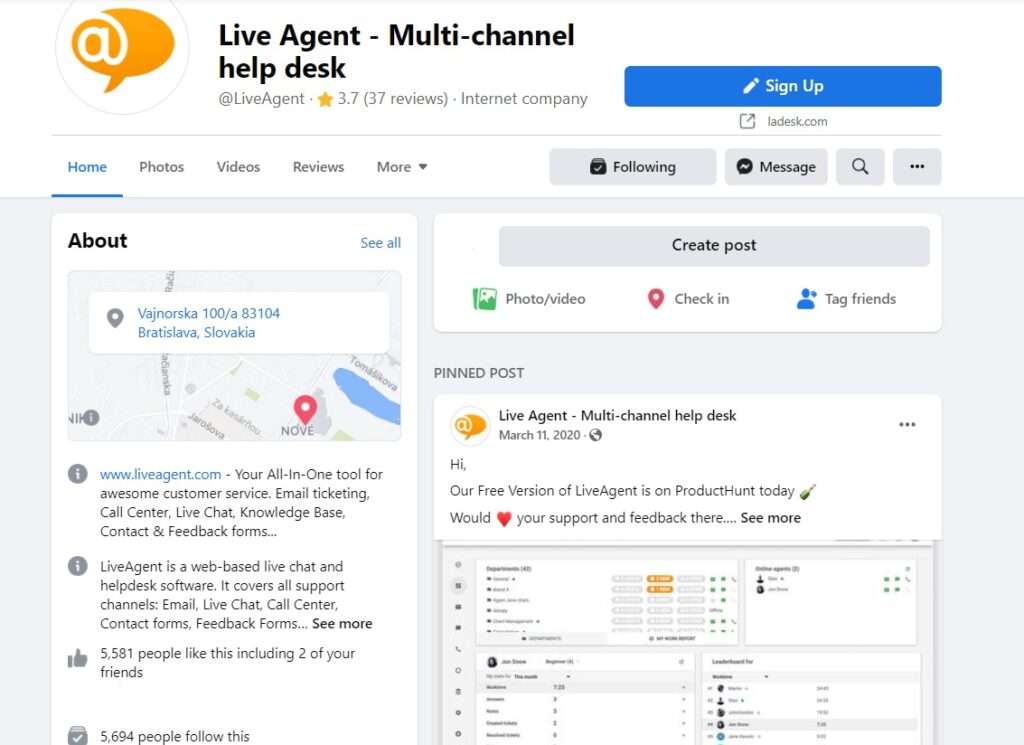 صفحة LiveAgent الرئيسية على Facebook