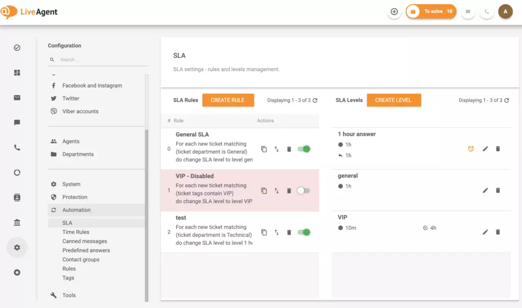 إعدادات وقت SLA للرد والحل من LiveAgent