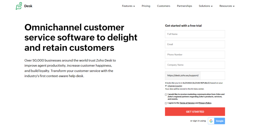 الصفحة الرئيسية لـ Zoho Desk