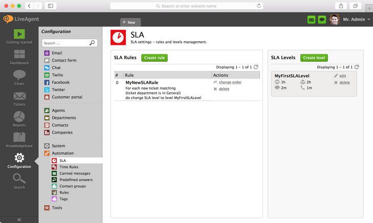 الصورة توضح أين تجد إعدادات اتفاقية مستوى الخدمة في LiveAgent