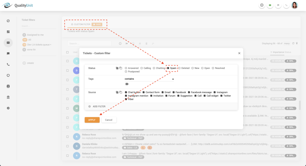 مرشح البريد العشوائي في LiveAgent