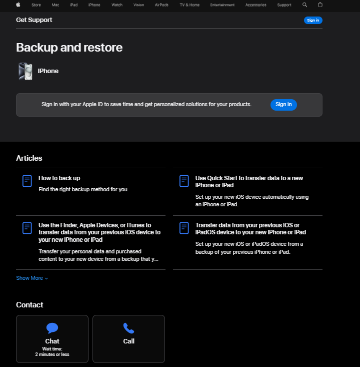صفحة دعم Apple تعرض خيارات الدعم الخاصة بهم