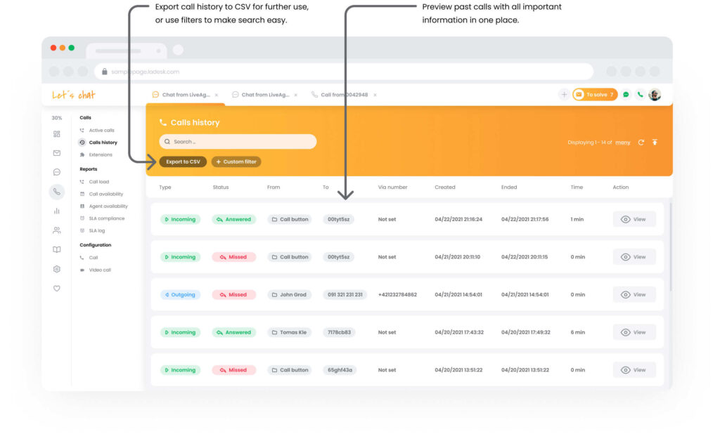 ميزة سجل المكالمات في مركز الاتصالات من LiveAgent