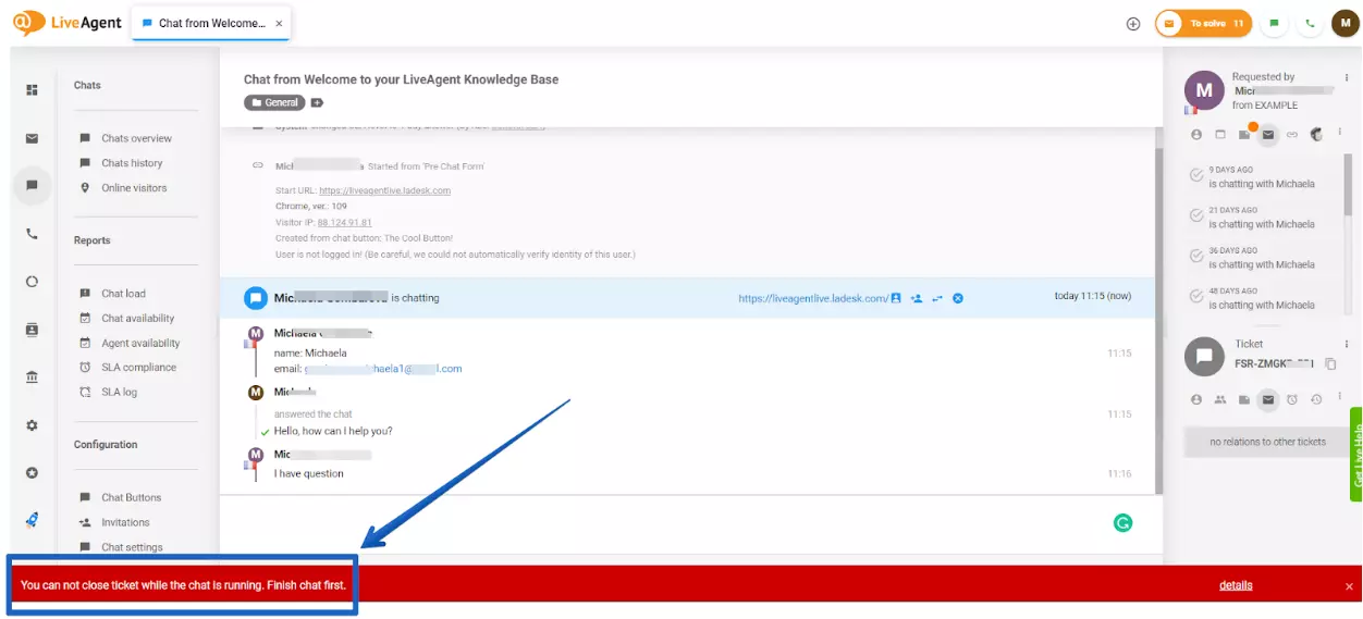 LiveAgent - تحذير دردشة غير محلولة