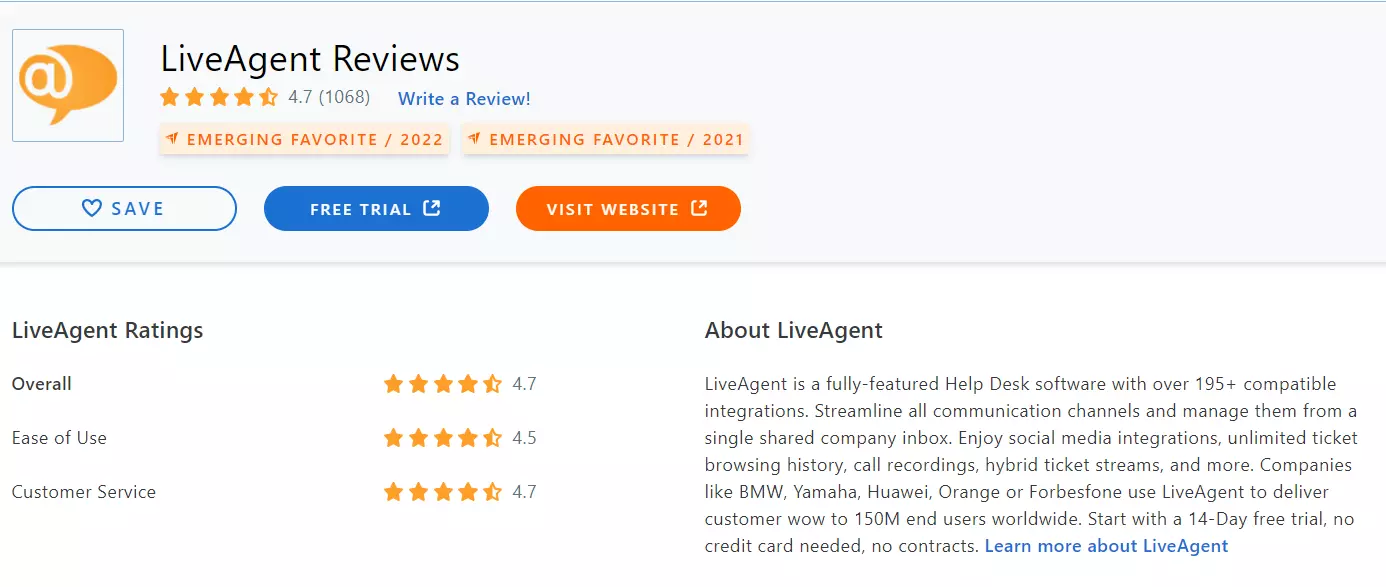 تقييم LiveAgent Capterra 2022