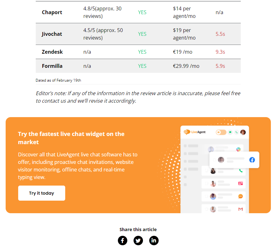 زر الدعوة إلى الإجراء في نهاية المحتوى من LiveAgent