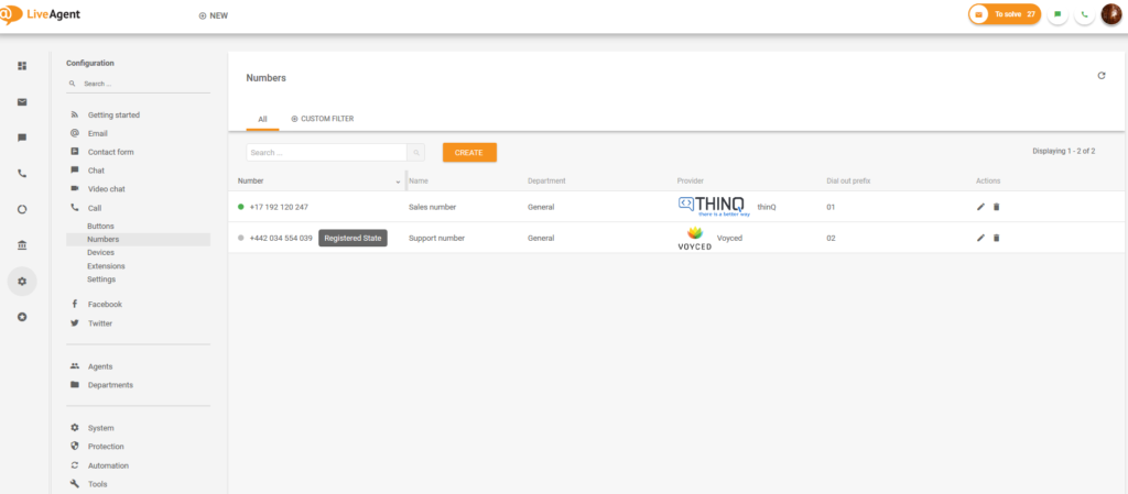 إعداد أرقام LiveAgent