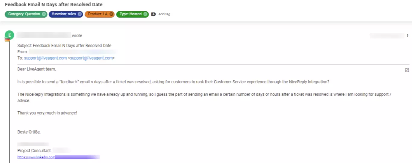 لقطة شاشة لتذكرة توضح مشكلة عميل تعتبر ذات أولوية منخفضة.