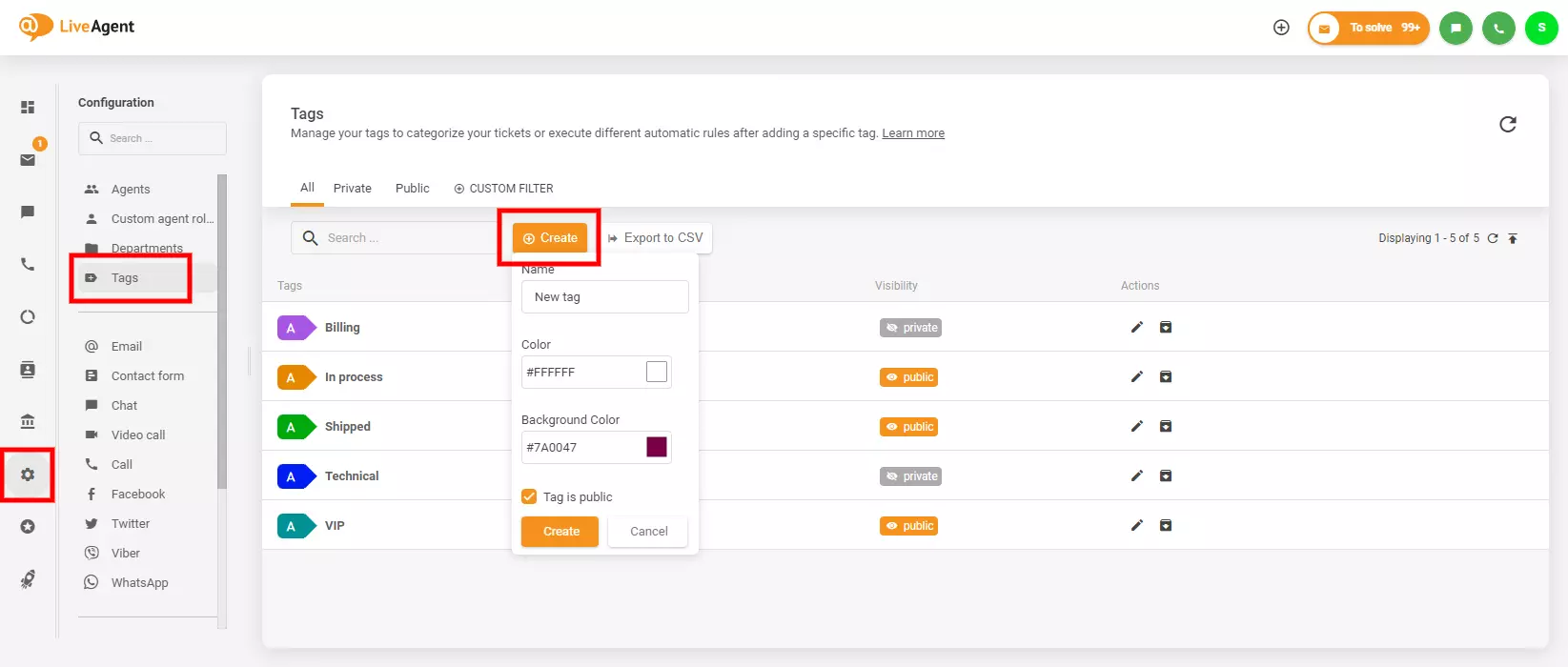 الصورة توضح أين تجد وتنشئ علامات في LiveAgent