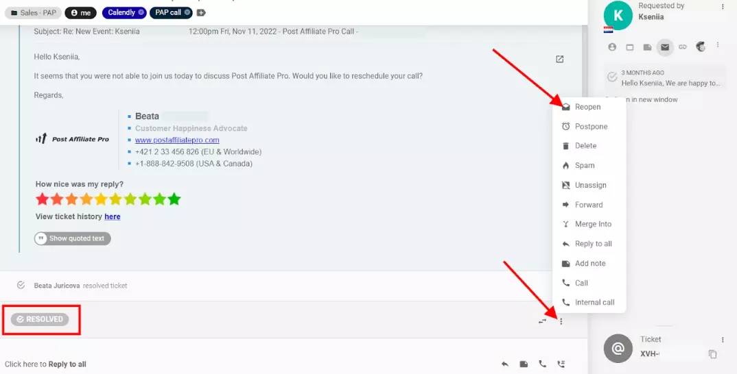 إعادة فتح التذكرة في LiveAgent