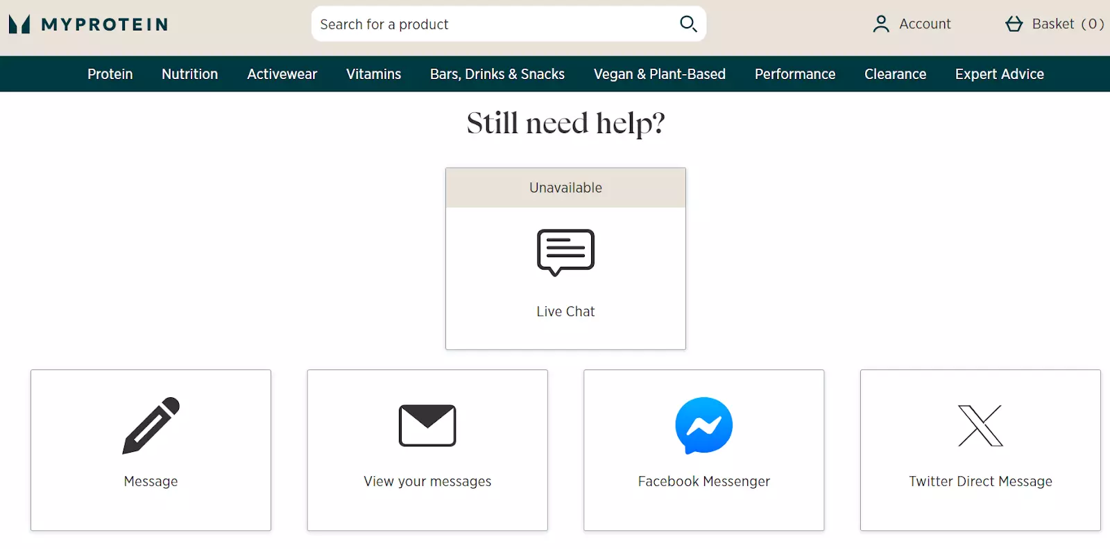 صفحة دعم MyProtein مع قنوات التواصل