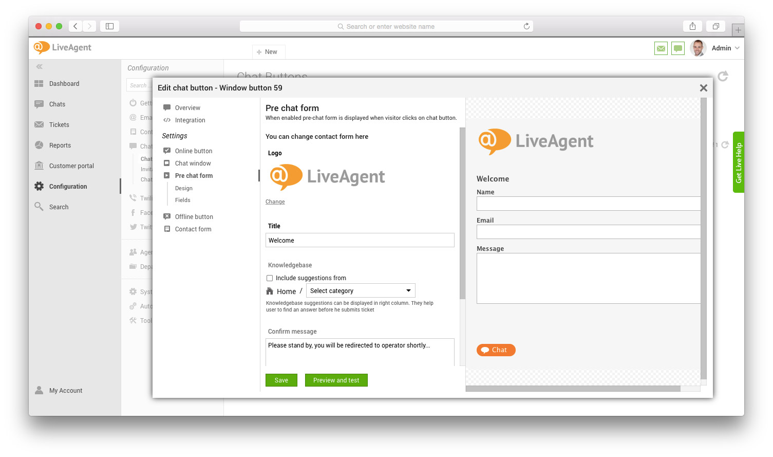 نافذة نموذج ما قبل الدردشة مع الحقول والمعاينة