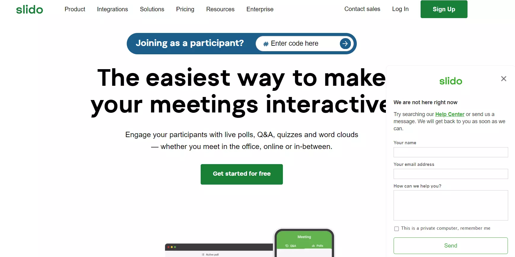 صفحة Slido الرئيسية مع صندوق الدردشة الخاص بهم