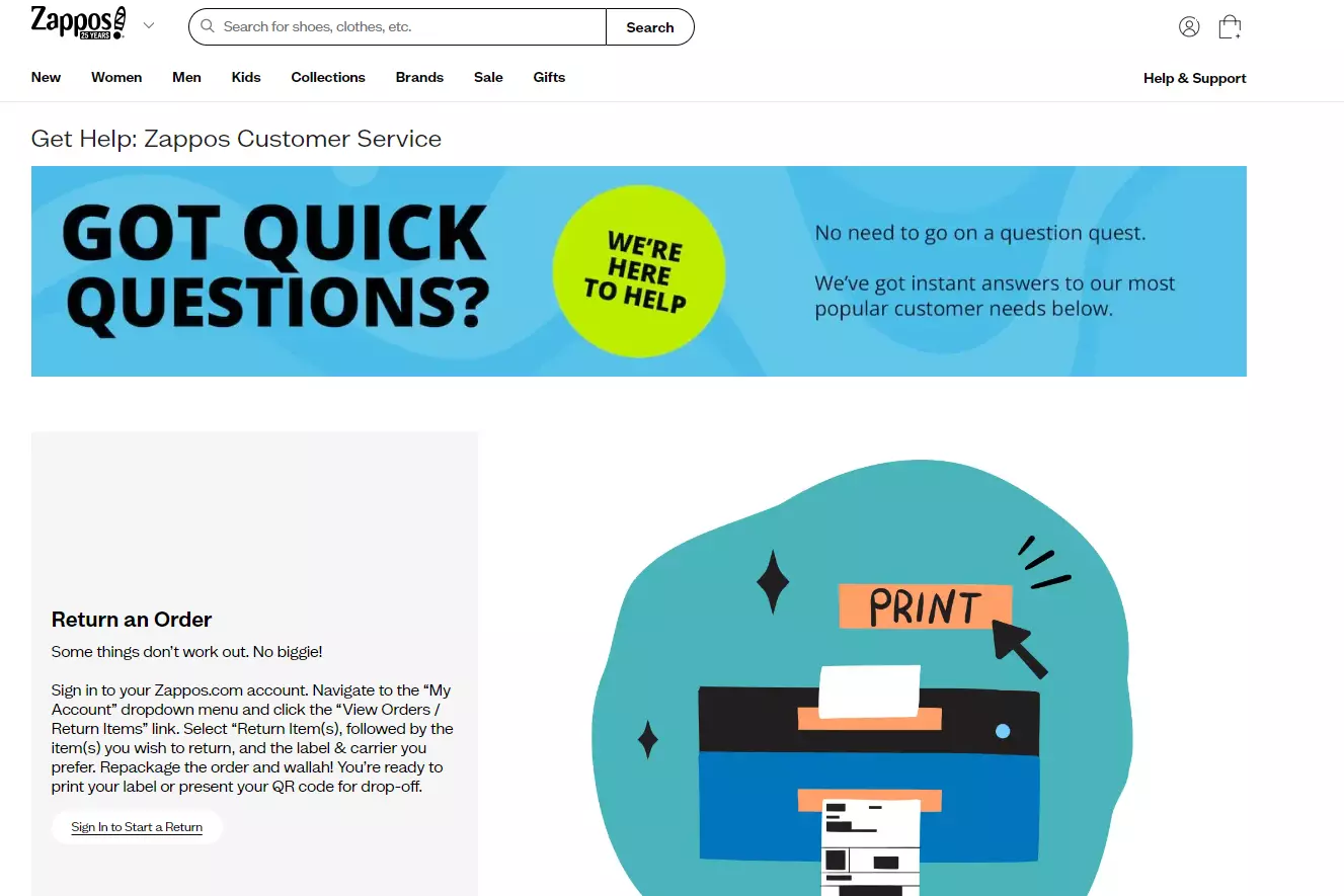صفحة دعم Zappos تعرض خيارات الدعم الخاصة بهم